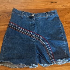 Denim Women's High-Rise Embroidered Rainbow Stripe Shorts